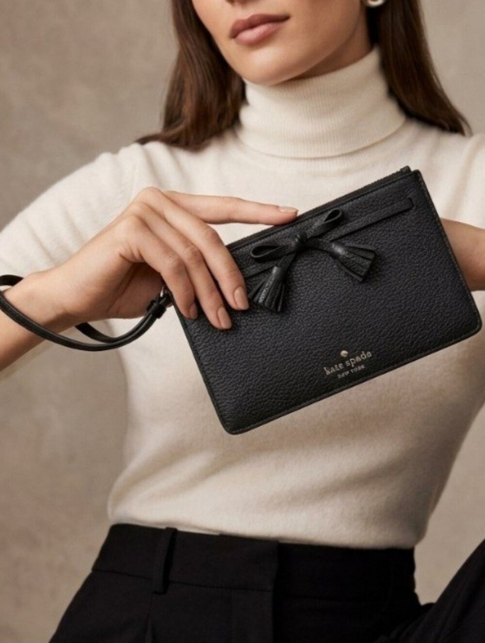 Kate Spade Black Pebbled Leather Bow Wristlet